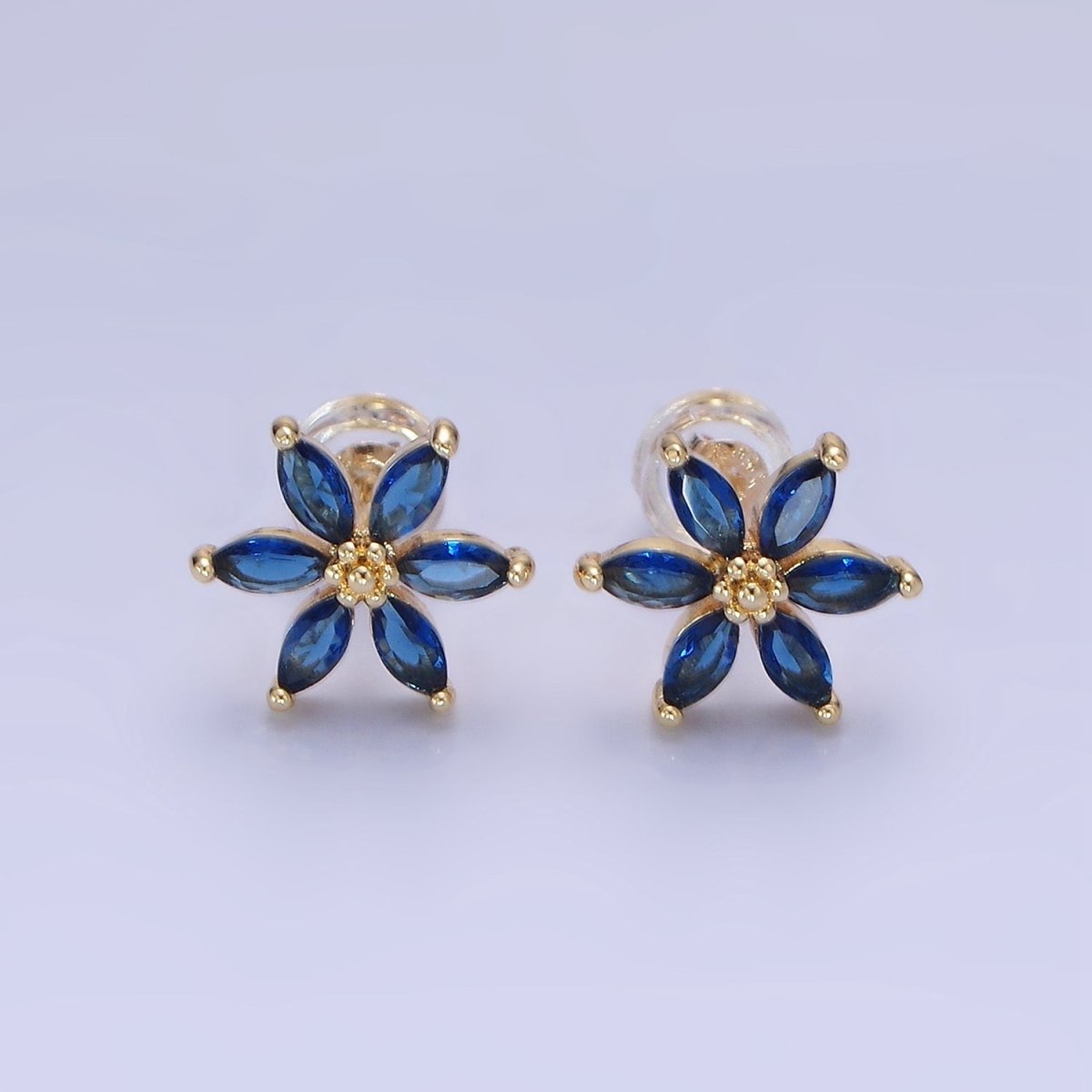 14K Gold Filled Clear, Purple, Blue CZ Marquise Petal Flower Stud Earrings | AE524 - AE526