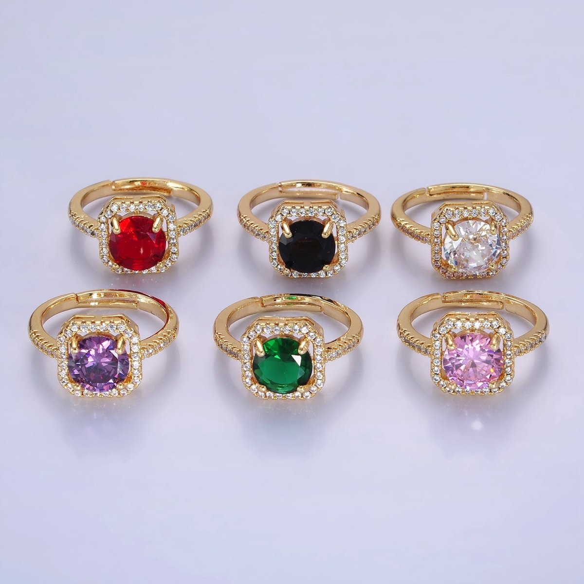 14K Gold Filled Clear, Purple, Green, Pink, Black, Red CZ Micro Paved Square Edged Ring | O1362 - O1367