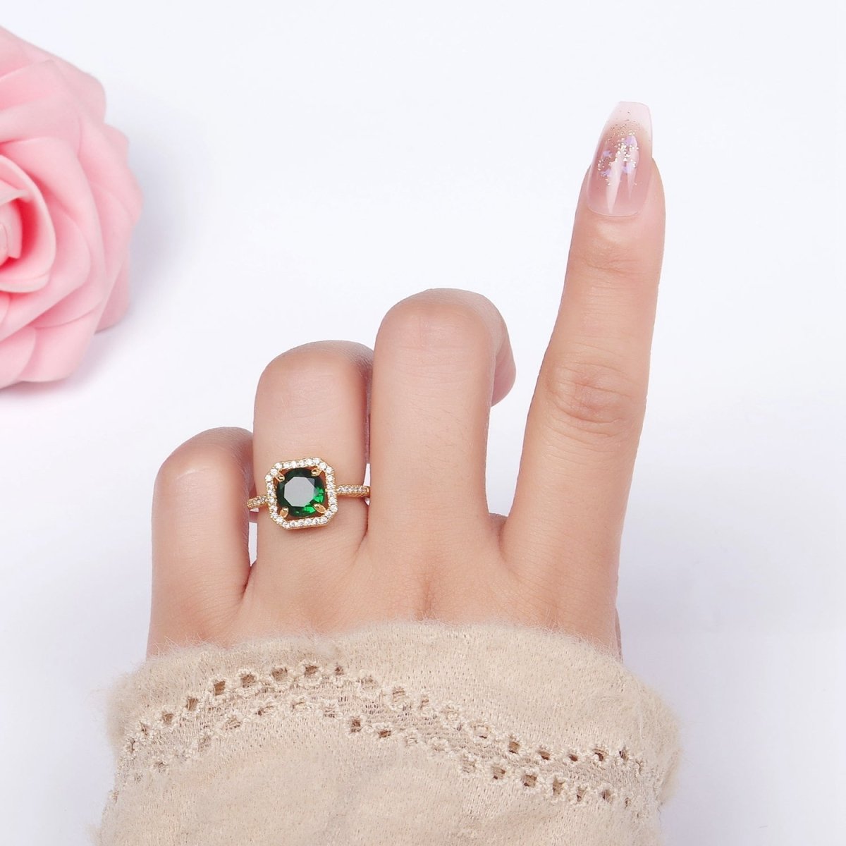 14K Gold Filled Clear, Purple, Green, Pink, Black, Red CZ Micro Paved Square Edged Ring | O1362 - O1367