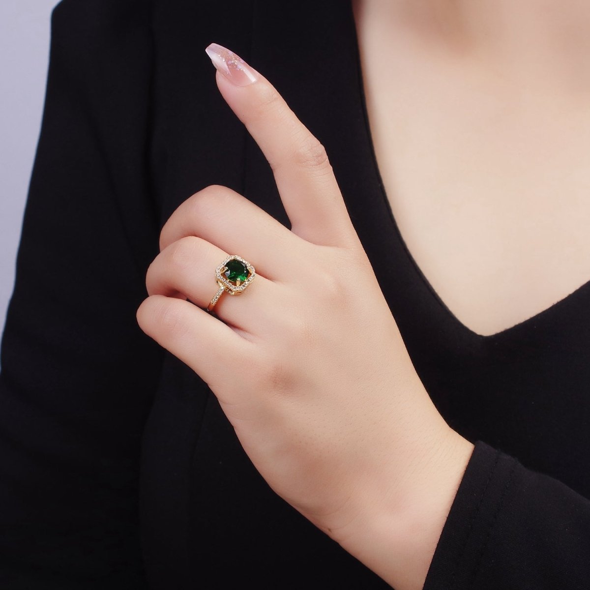 14K Gold Filled Clear, Purple, Green, Pink, Black, Red CZ Micro Paved Square Edged Ring | O1362 - O1367