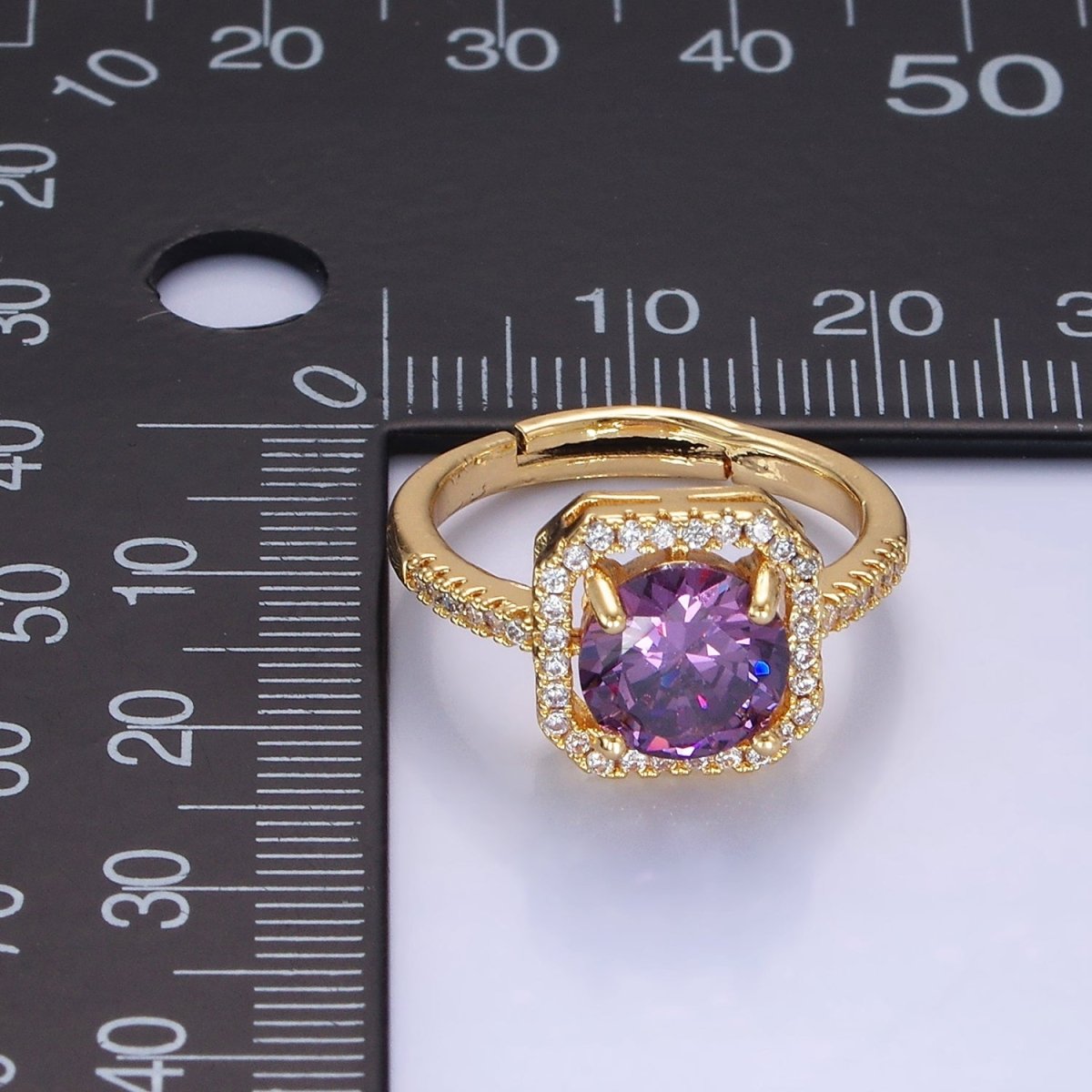 14K Gold Filled Clear, Purple, Green, Pink, Black, Red CZ Micro Paved Square Edged Ring | O1362 - O1367