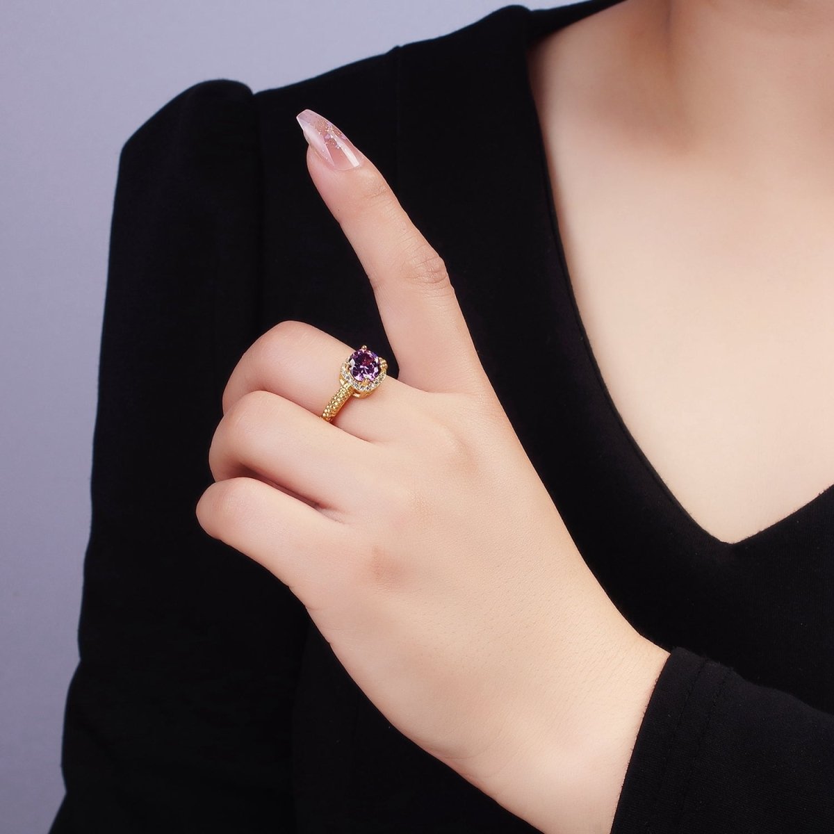 14K Gold Filled Clear, Purple, Green, Pink, Black, Red CZ Solitaire Bubble Ring | O1373 - O1378