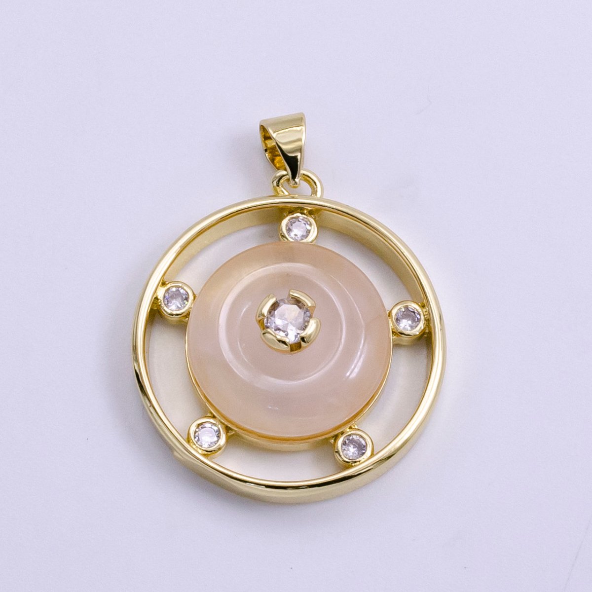 14K Gold Filled Clear Quartz, Rose Quartz, Amethyst Multiple CZ Open Round Pendant | AH055 - AH057