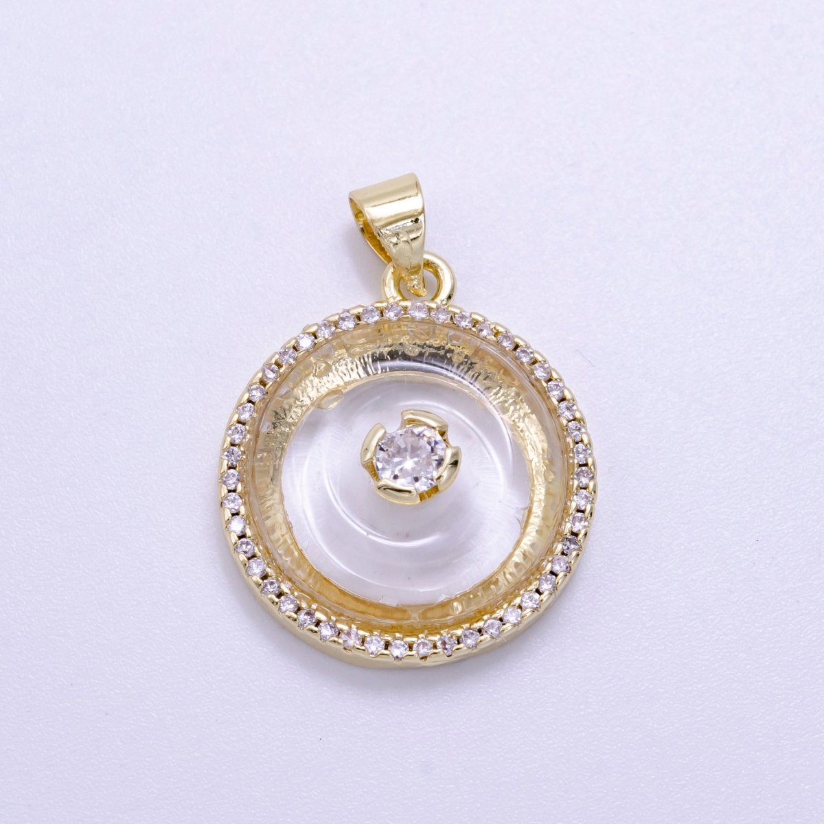 14K Gold Filled Clear Quartz, Rose Quartz, Amethyst Round Micro Paved CZ Pendant | AH058 - AH060