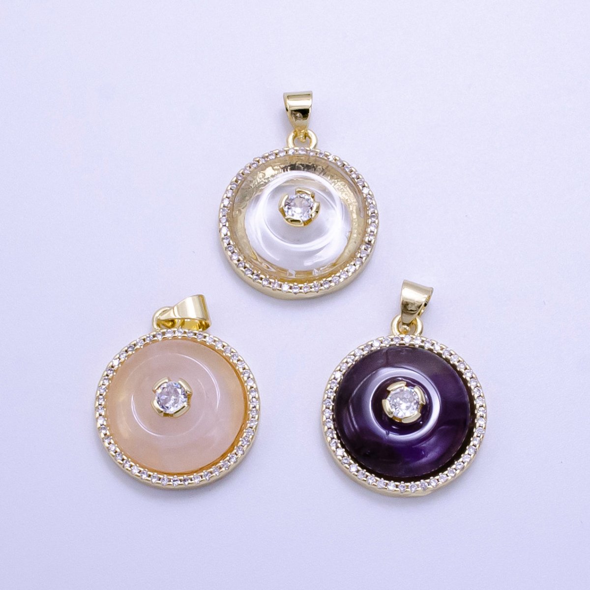14K Gold Filled Clear Quartz, Rose Quartz, Amethyst Round Micro Paved CZ Pendant | AH058 - AH060