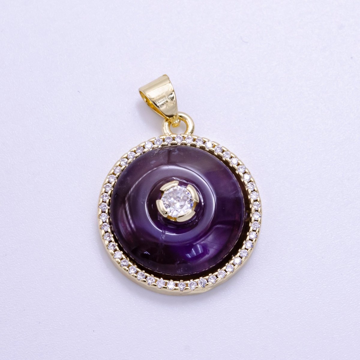 14K Gold Filled Clear Quartz, Rose Quartz, Amethyst Round Micro Paved CZ Pendant | AH058 - AH060