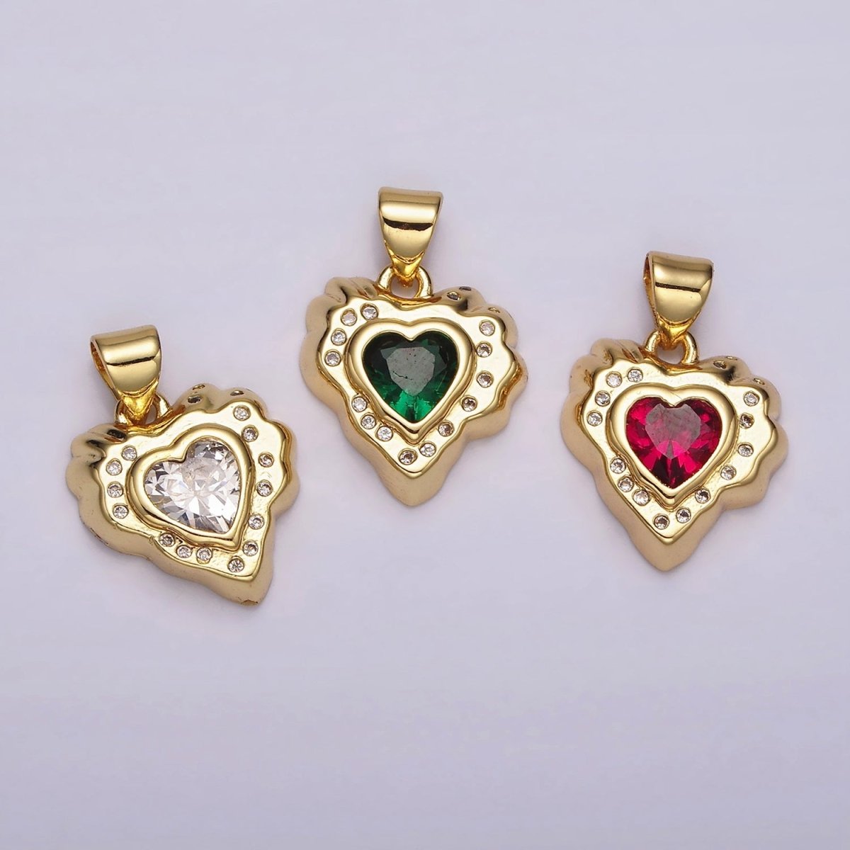 14K Gold Filled Clear, Red, Green CZ Dotted Molten Heart Pendant | AH095 - AH097