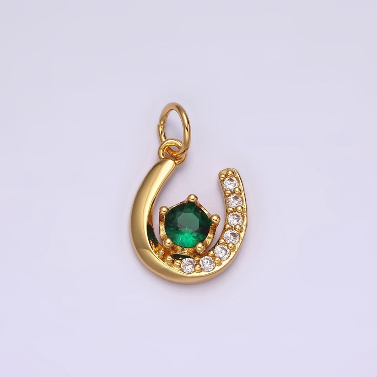 14K Gold Filled Clear, Red Green CZ Micro Paved Lucky U Horseshoe Charm in Gold & Silver | AC835 - AC840