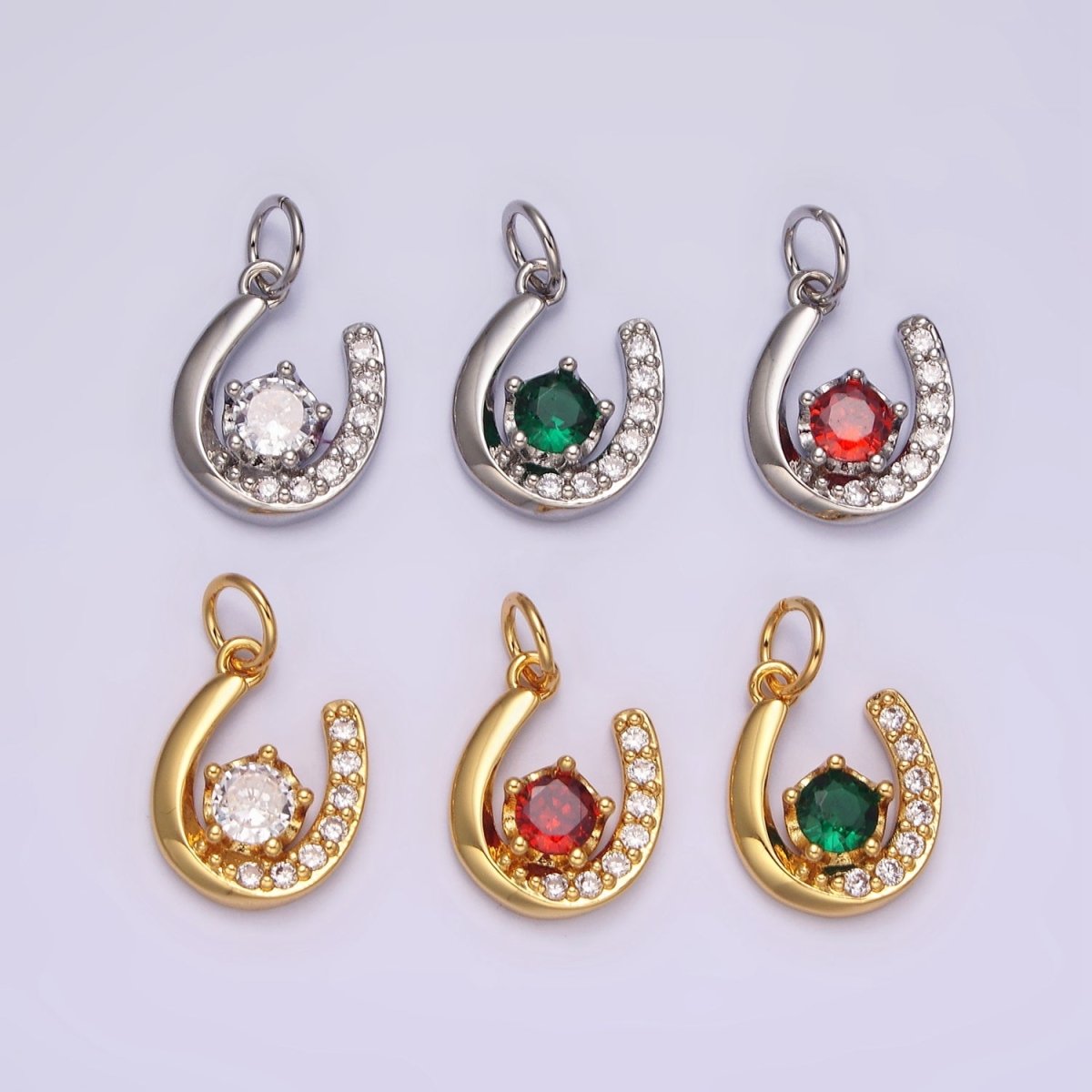 14K Gold Filled Clear, Red Green CZ Micro Paved Lucky U Horseshoe Charm in Gold & Silver | AC835 - AC840
