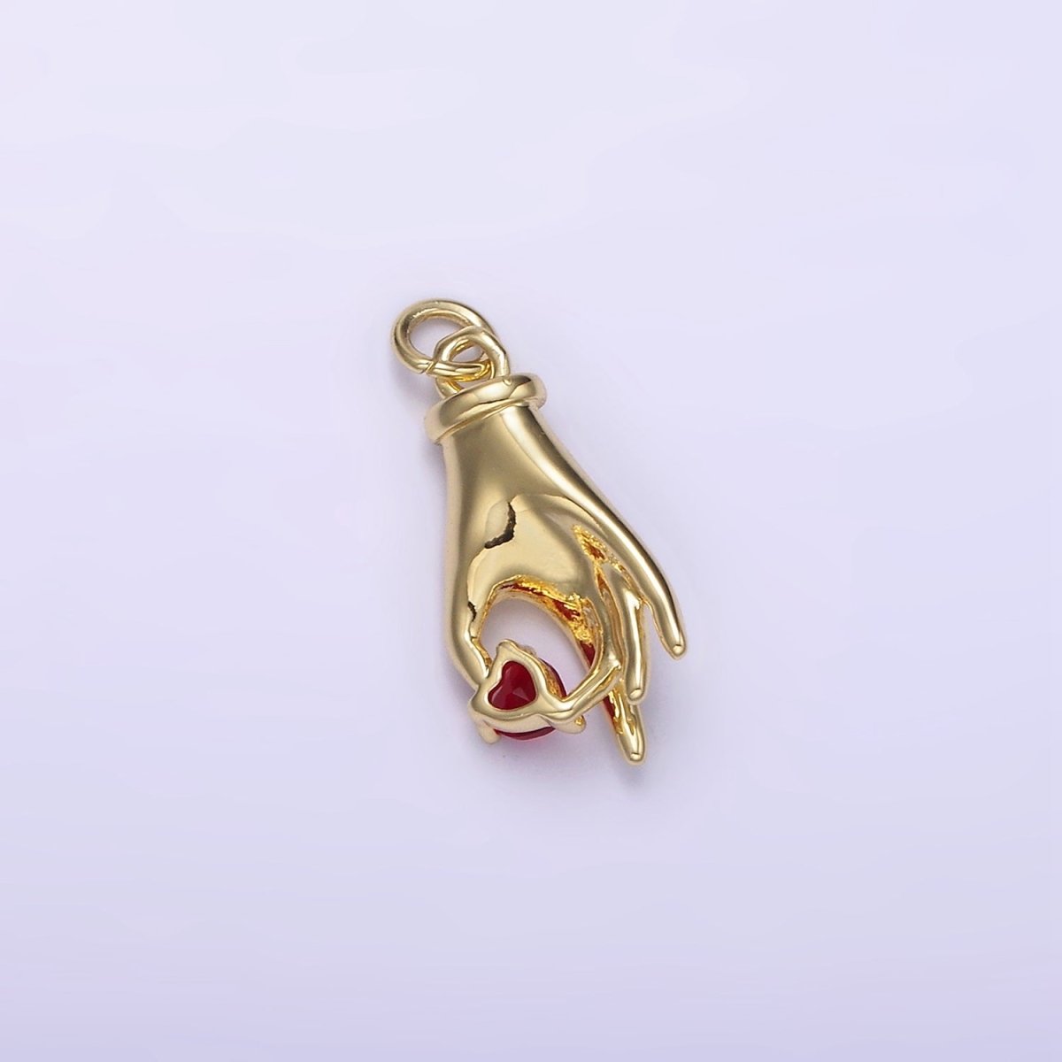 14K Gold Filled Clear, Red Heart Holding Hand Gesture Charm | AG202 AG203
