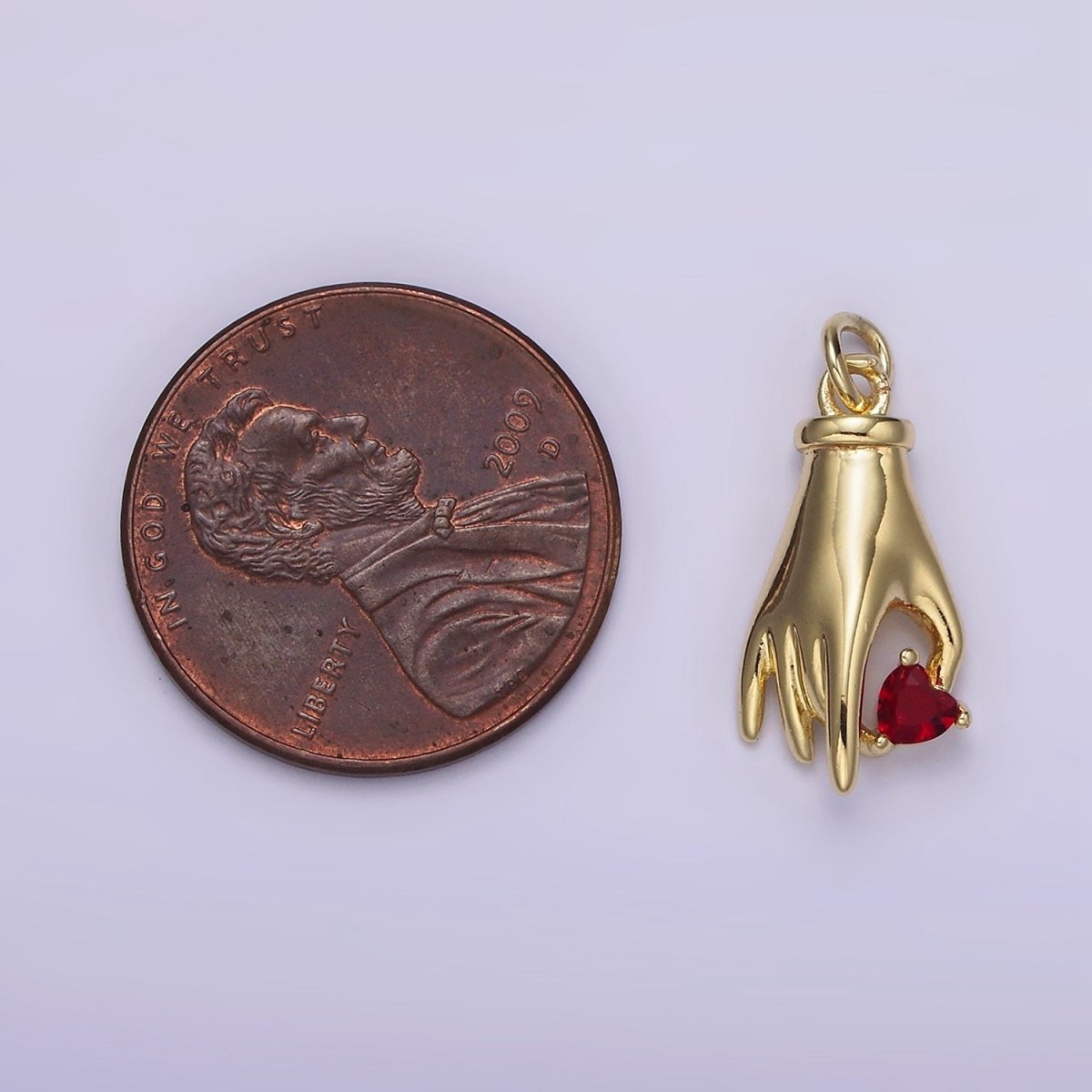 14K Gold Filled Clear, Red Heart Holding Hand Gesture Charm | AG202 AG203