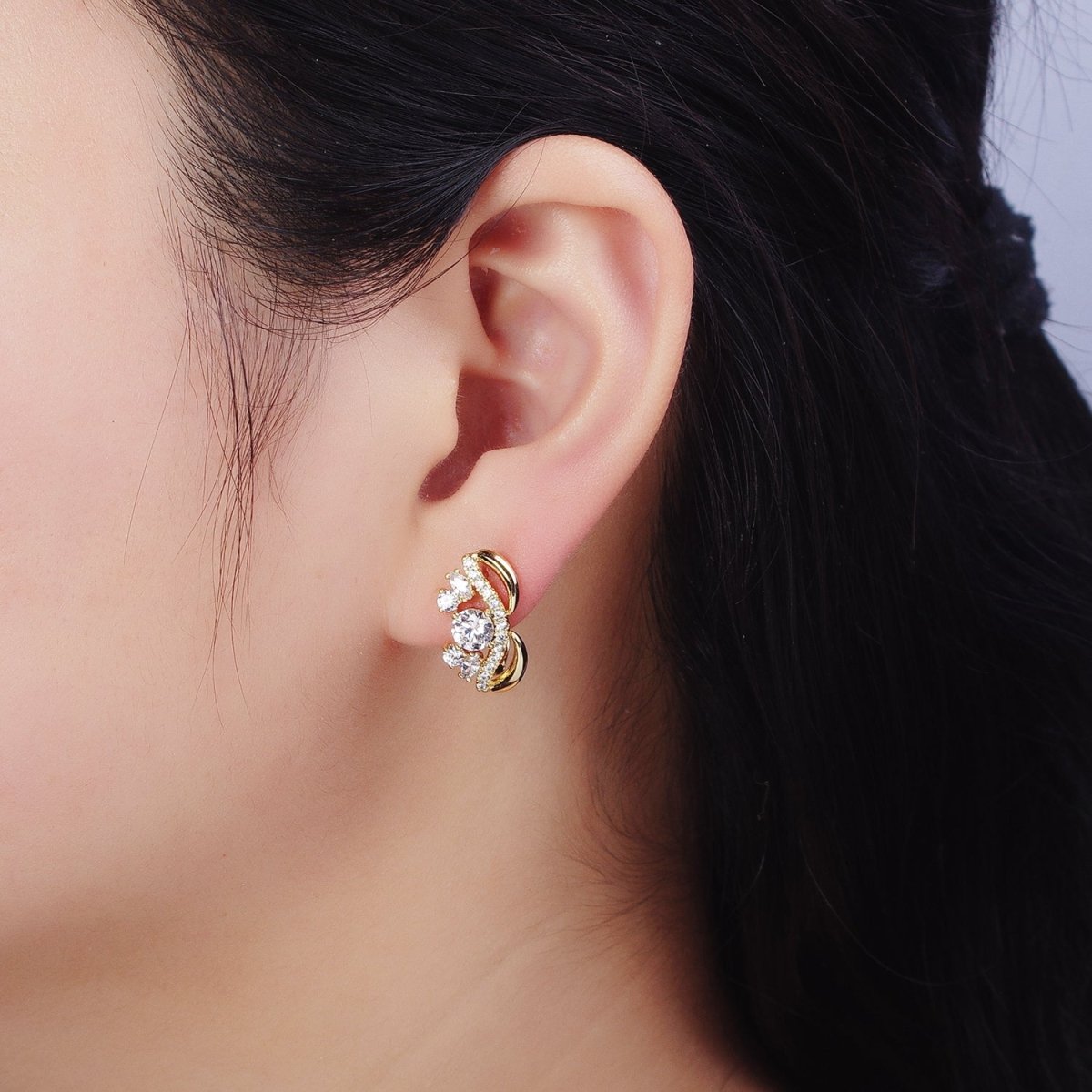 14K Gold Filled Clear Round CZ Micro Paved Geometric Curved Band English Lock Earrings | AD1526 - DLUXCA