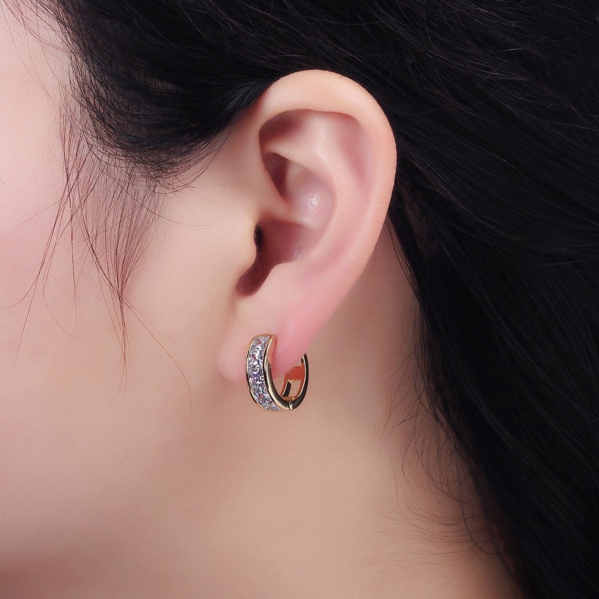 14K Gold Filled Clear Square CZ Lined 15mm Huggie Hoop Earrings in Gold & Silver | AD-430 AD-431