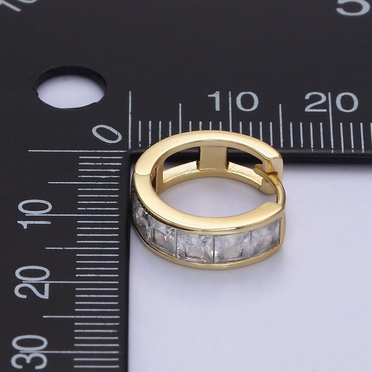 14K Gold Filled Clear Square CZ Lined 15mm Huggie Hoop Earrings in Gold & Silver | AD-430 AD-431