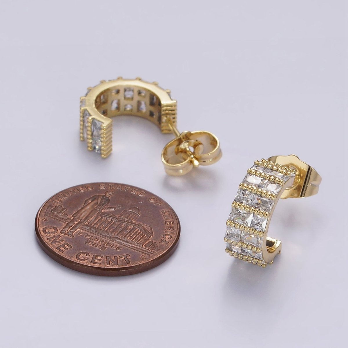 14K Gold Filled Clear Square CZ Lined C-Shaped Cartilage Hoop Earrings | AB1129 - DLUXCA