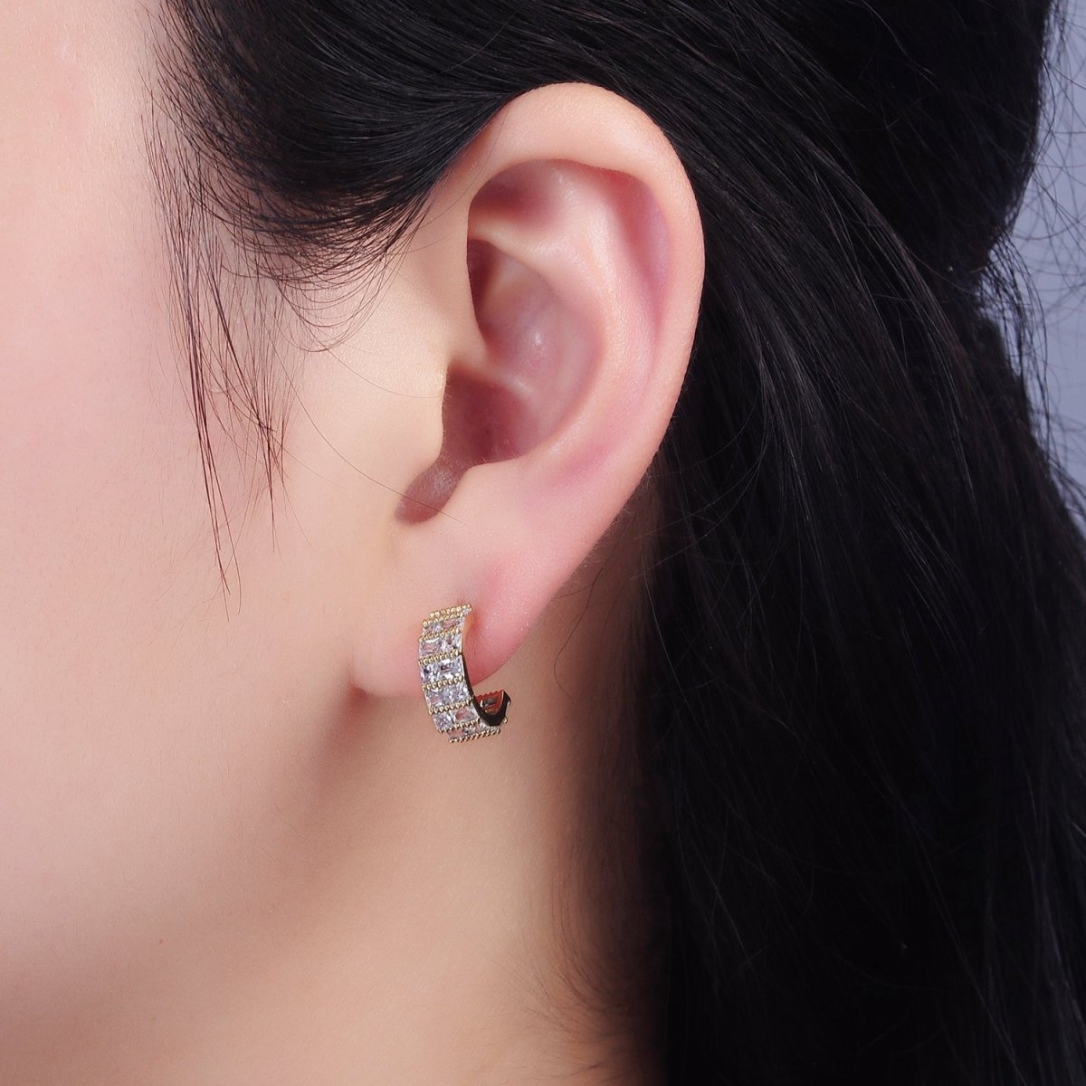 14K Gold Filled Clear Square CZ Lined C-Shaped Cartilage Hoop Earrings | AB1129 - DLUXCA