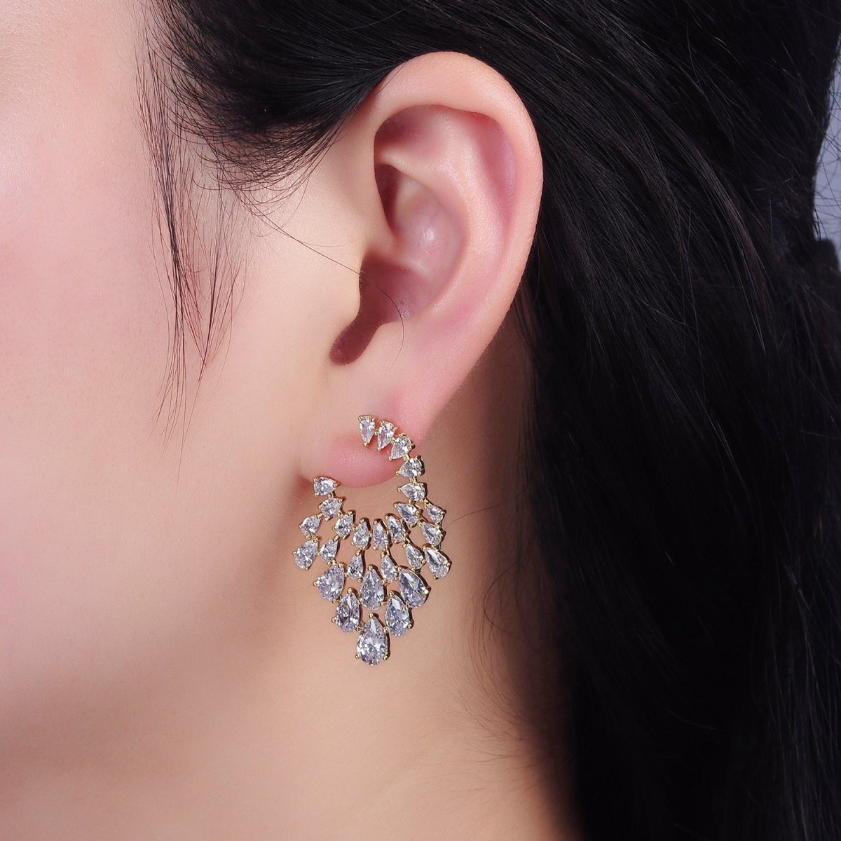 14K Gold Filled Clear Teardrop CZ Circular Drop Stud Earrings Set | AE401 - DLUXCA