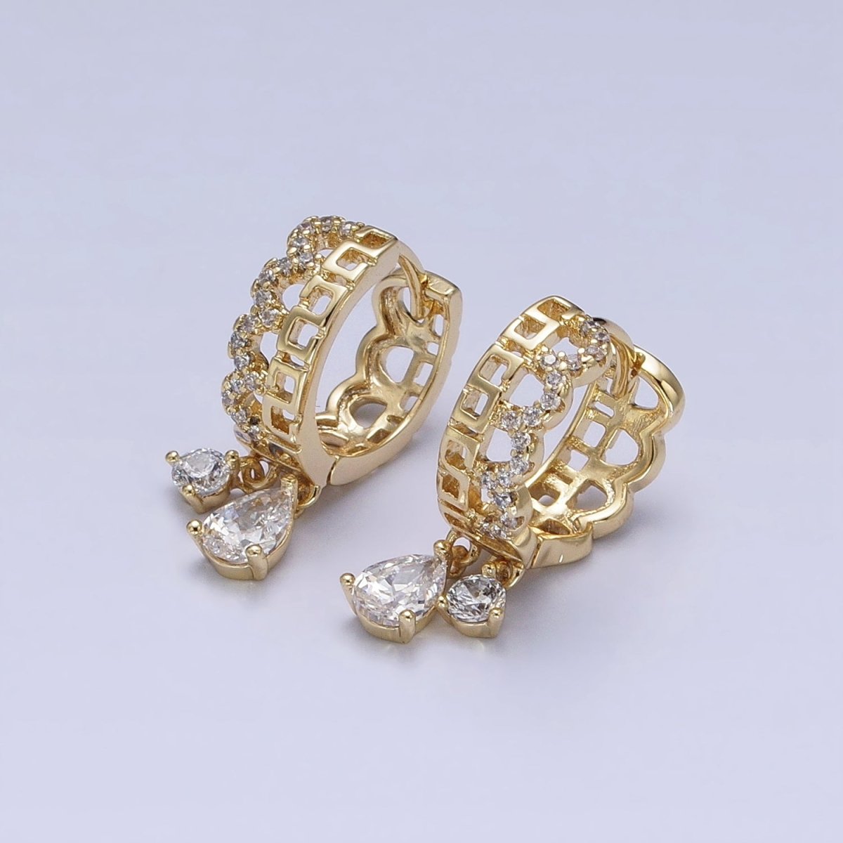 14K Gold Filled Clear Teardrop CZ Double Drop Geometric Boxy Rounded Micro Paved Huggie Earrings | AD1447 - DLUXCA