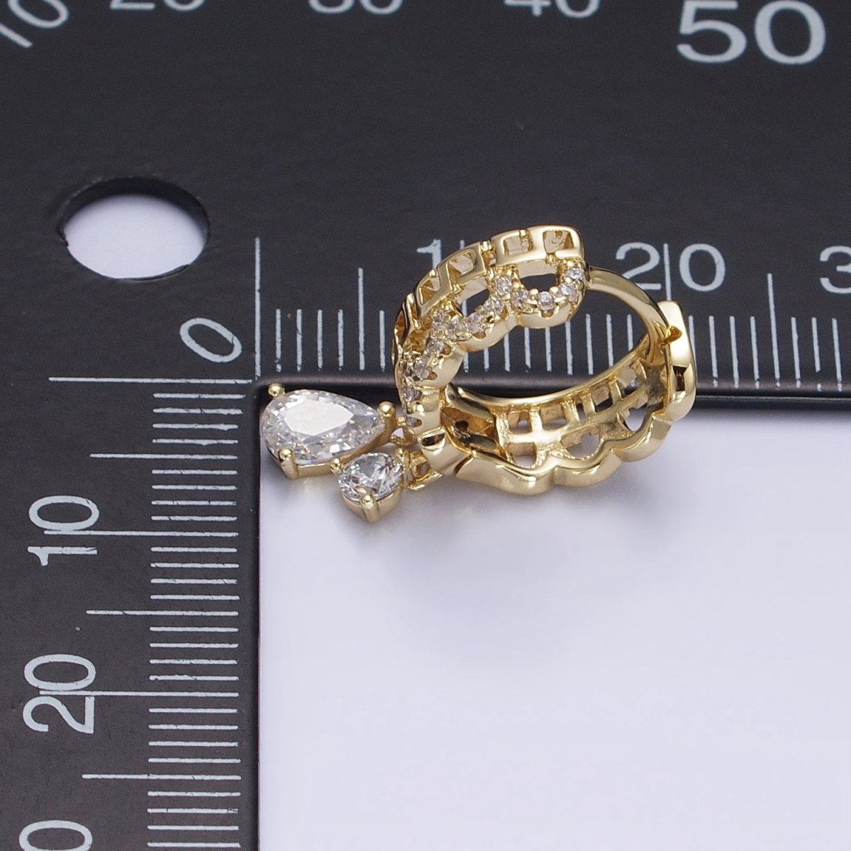 14K Gold Filled Clear Teardrop CZ Double Drop Geometric Boxy Rounded Micro Paved Huggie Earrings | AD1447 - DLUXCA