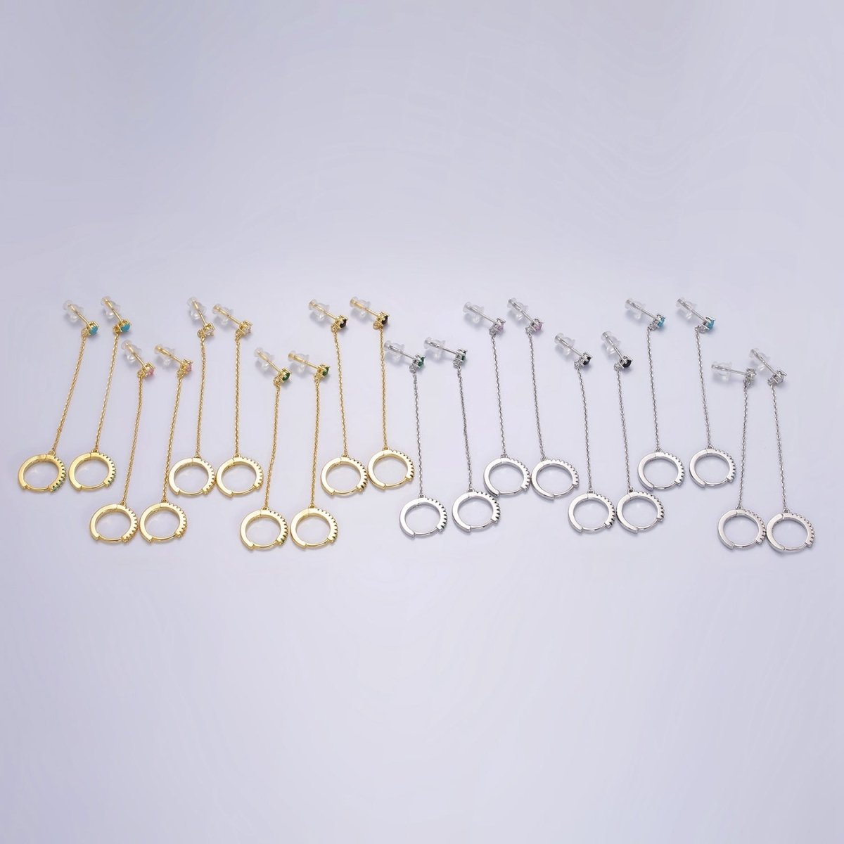 14K Gold Filled Clear, Turquoise, Black, Green, Pink Micro Paved CZ Huggie Chain Link Stud Earrings in Gold & Silver | AE118, AE936