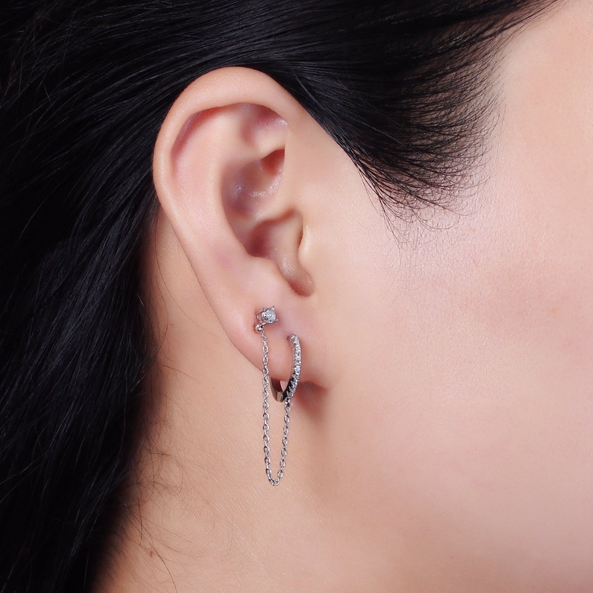 14K Gold Filled Clear, Turquoise, Black, Green, Pink Micro Paved CZ Huggie Chain Link Stud Earrings in Gold & Silver | AE118, AE936