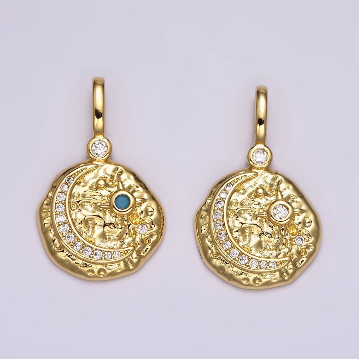 14K Gold Filled Clear, Turquoise Celestial Star Crescent Moon Micro Paved Hammered CZ Pendant | AH109 AH110
