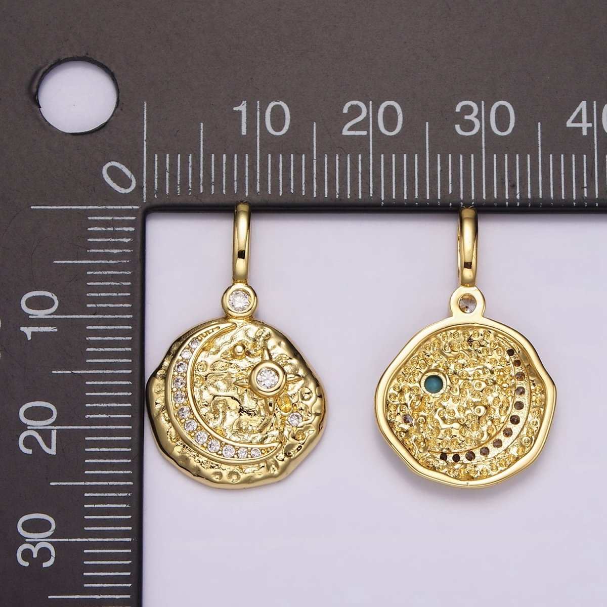 14K Gold Filled Clear, Turquoise Celestial Star Crescent Moon Micro Paved Hammered CZ Pendant | AH109 AH110