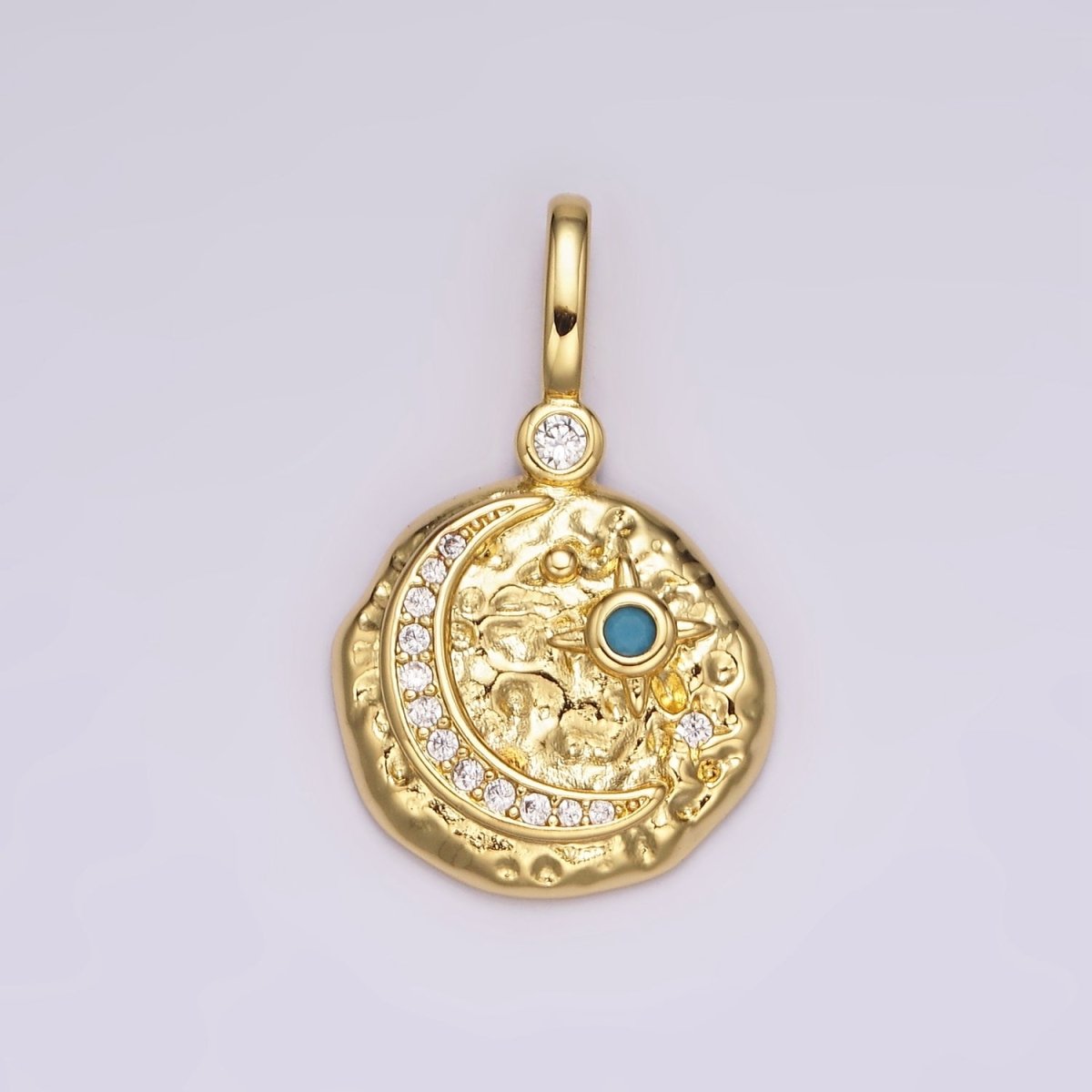 14K Gold Filled Clear, Turquoise Celestial Star Crescent Moon Micro Paved Hammered CZ Pendant | AH109 AH110