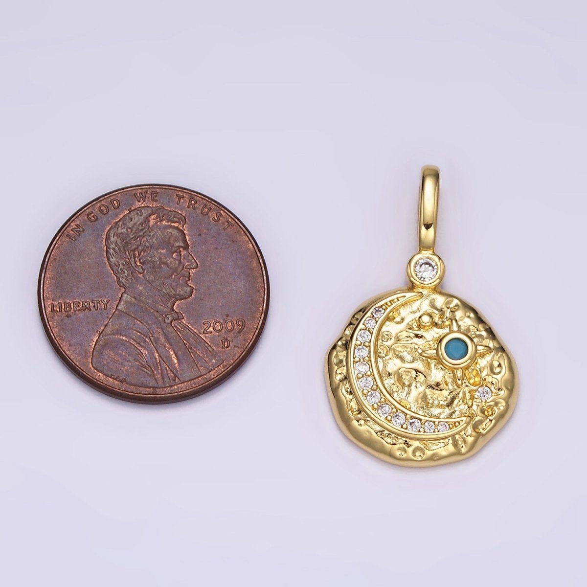 14K Gold Filled Clear, Turquoise Celestial Star Crescent Moon Micro Paved Hammered CZ Pendant | AH109 AH110