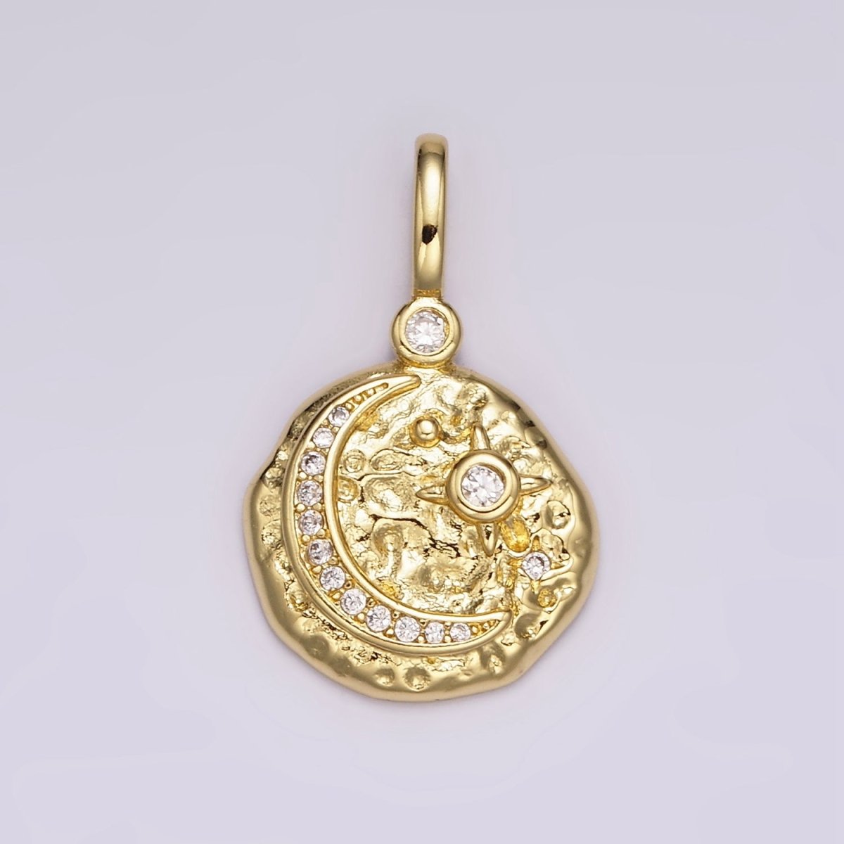 14K Gold Filled Clear, Turquoise Celestial Star Crescent Moon Micro Paved Hammered CZ Pendant | AH109 AH110