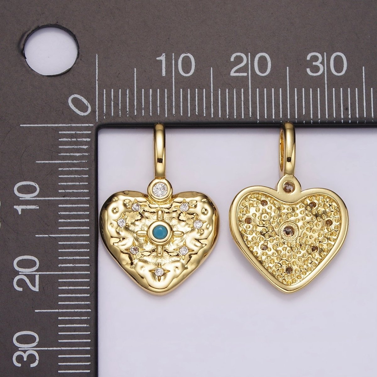 14K Gold Filled Clear, Turquoise Celestial Star Hammered Heart Pendant | AH105 AH106