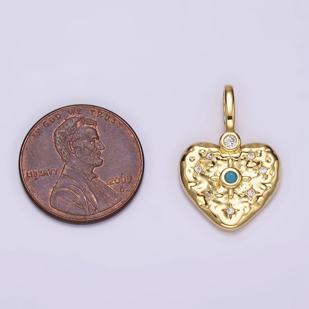 14K Gold Filled Clear, Turquoise Celestial Star Hammered Heart Pendant | AH105 AH106