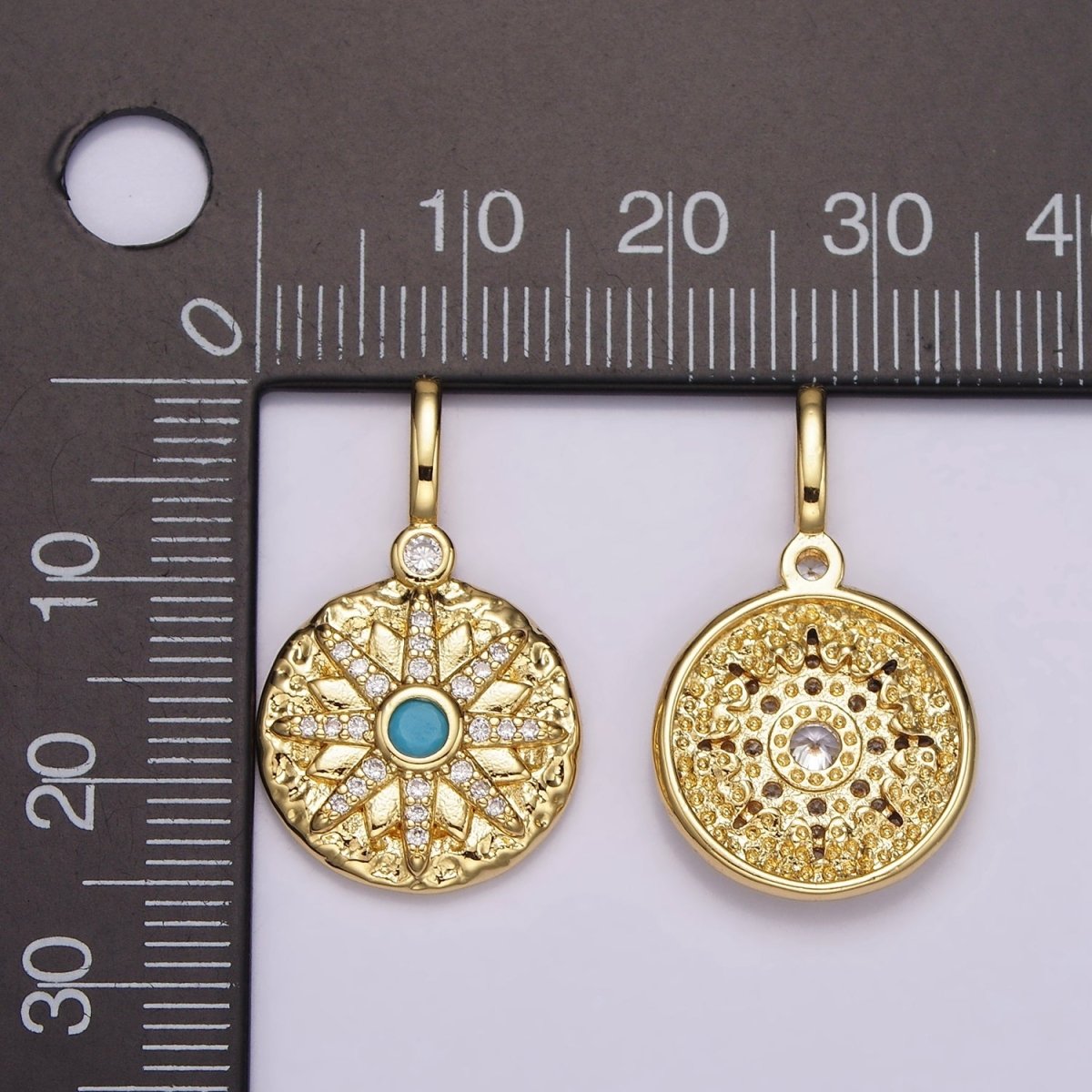 14K Gold Filled Clear, Turquoise Celestial Star Micro Paved Hammered Round Pendant | AH107 AH108