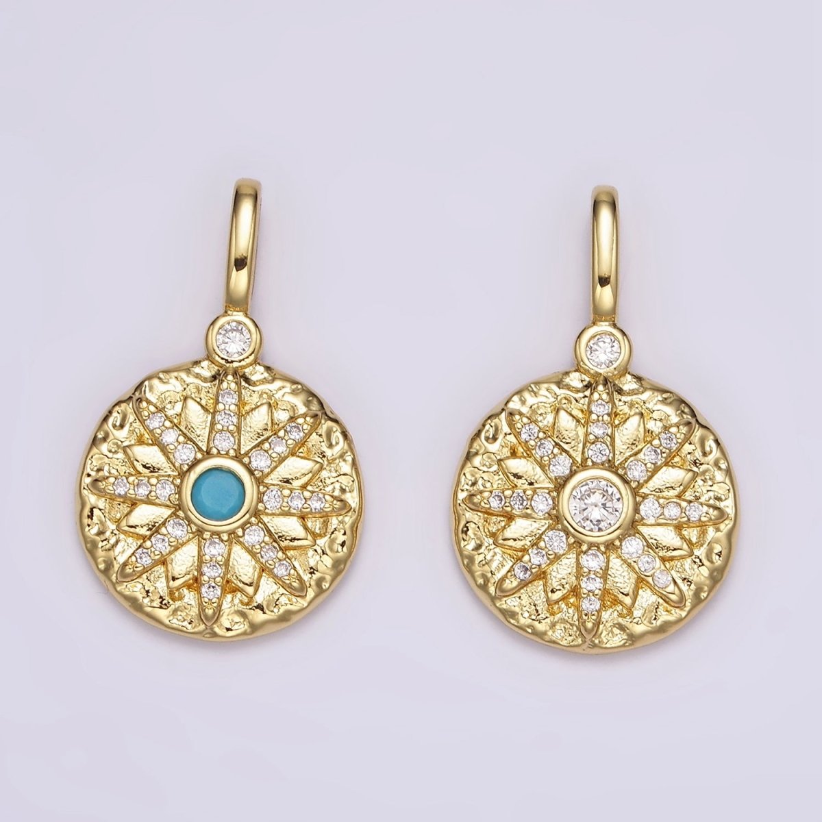 14K Gold Filled Clear, Turquoise Celestial Star Micro Paved Hammered Round Pendant | AH107 AH108