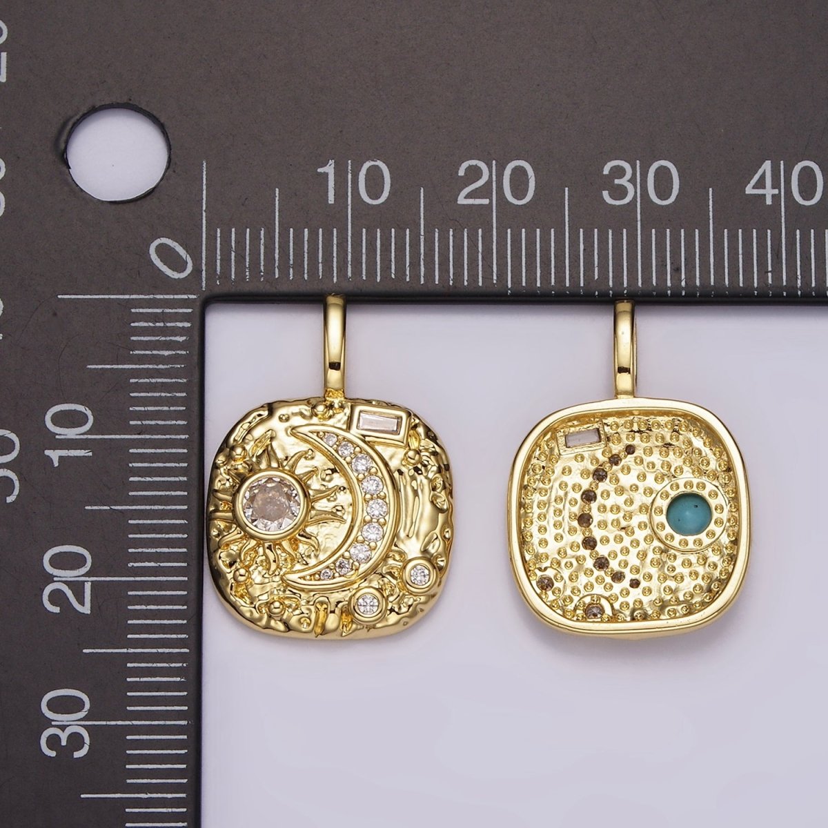 14K Gold Filled Clear, Turquoise Celestial Sun Crescent Moon Hammered Square Pendant | AH093 AH094