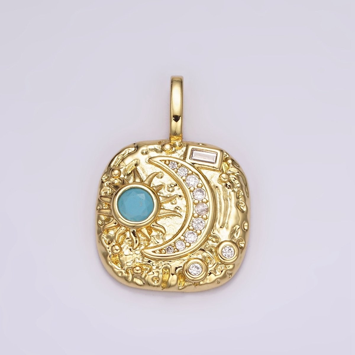 14K Gold Filled Clear, Turquoise Celestial Sun Crescent Moon Hammered Square Pendant | AH093 AH094