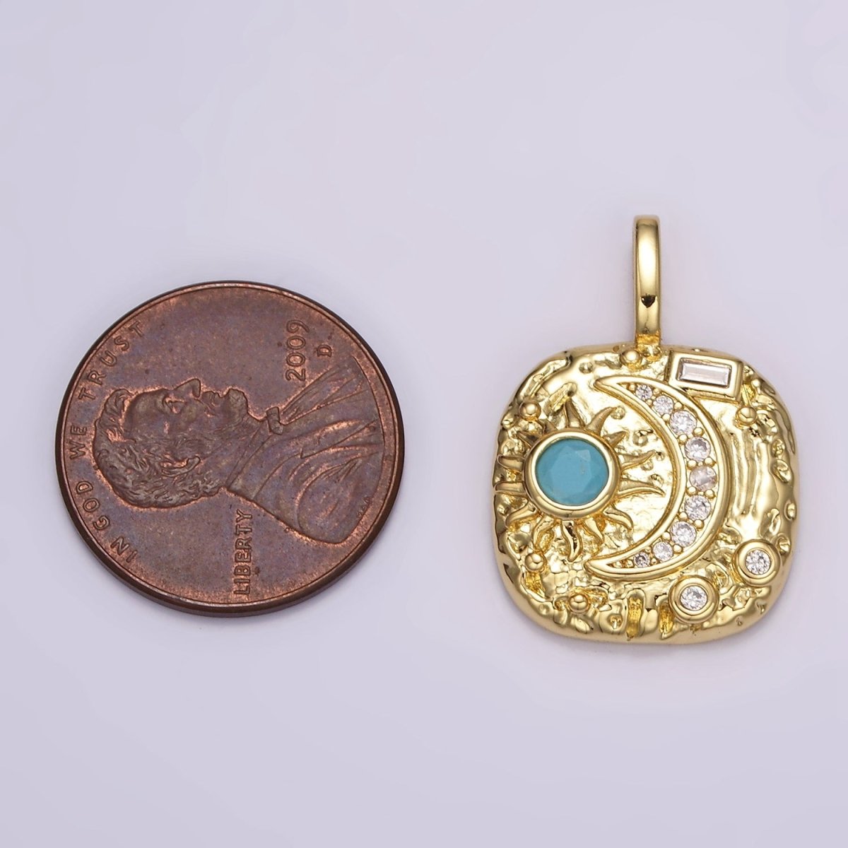 14K Gold Filled Clear, Turquoise Celestial Sun Crescent Moon Hammered Square Pendant | AH093 AH094