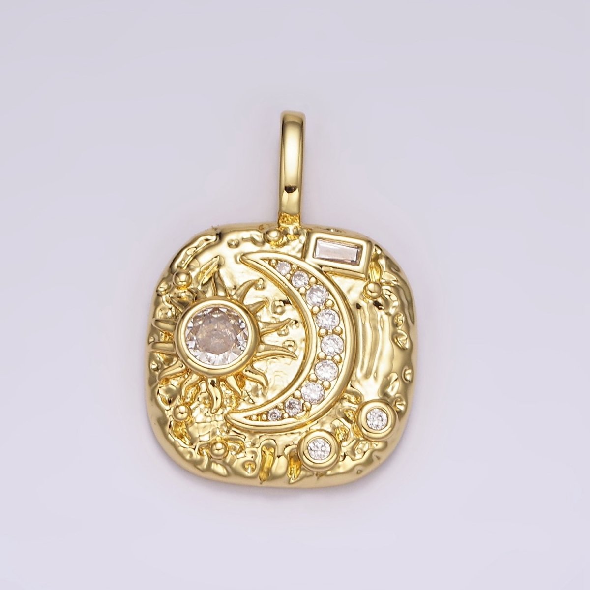 14K Gold Filled Clear, Turquoise Celestial Sun Crescent Moon Hammered Square Pendant | AH093 AH094