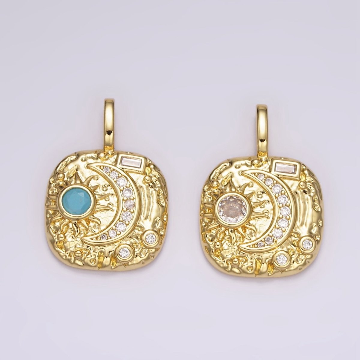 14K Gold Filled Clear, Turquoise Celestial Sun Crescent Moon Hammered Square Pendant | AH093 AH094