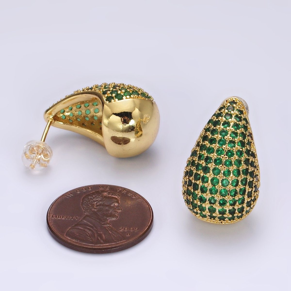 14K Gold Filled Clear, Turquoise, Green Micro Paved CZ Teardrop Dome C-Shaped Stud Earrings in Gold & Silver | AE336 - AE339