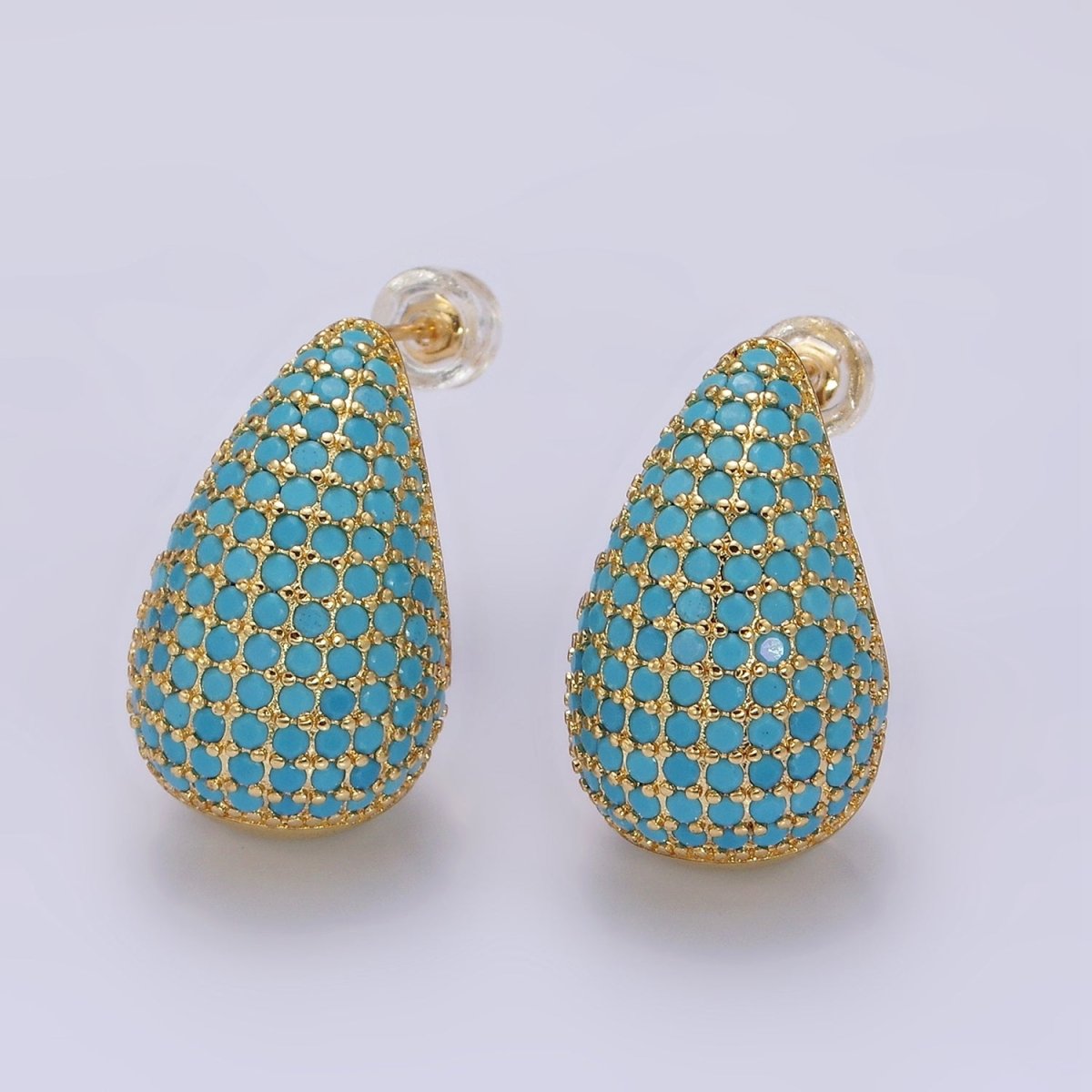 14K Gold Filled Clear, Turquoise, Green Micro Paved CZ Teardrop Dome C-Shaped Stud Earrings in Gold & Silver | AE336 - AE339