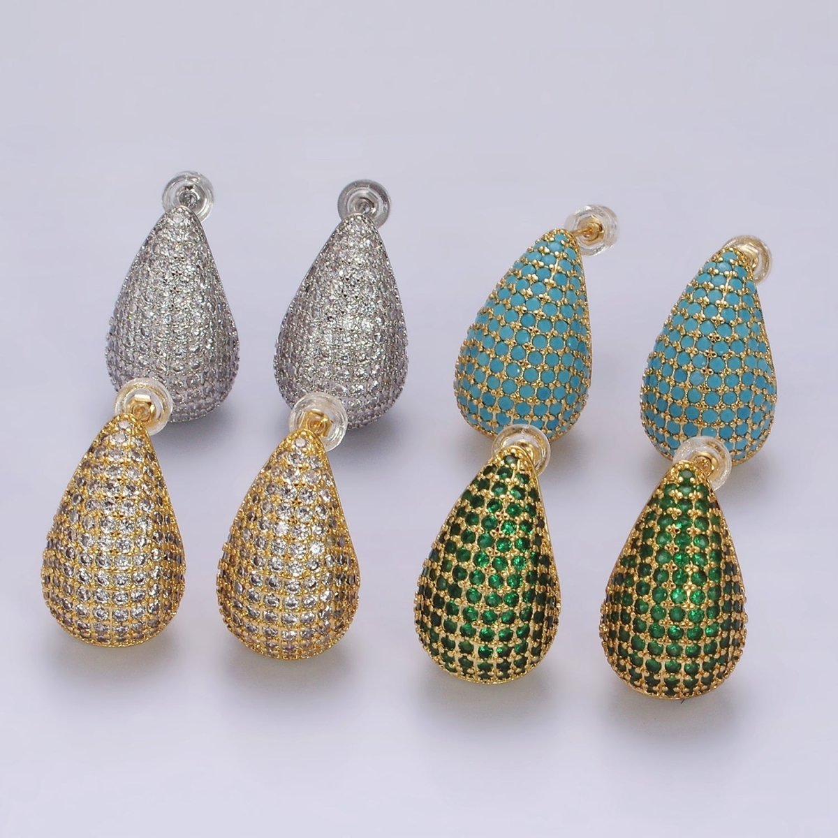 14K Gold Filled Clear, Turquoise, Green Micro Paved CZ Teardrop Dome C-Shaped Stud Earrings in Gold & Silver | AE336 - AE339