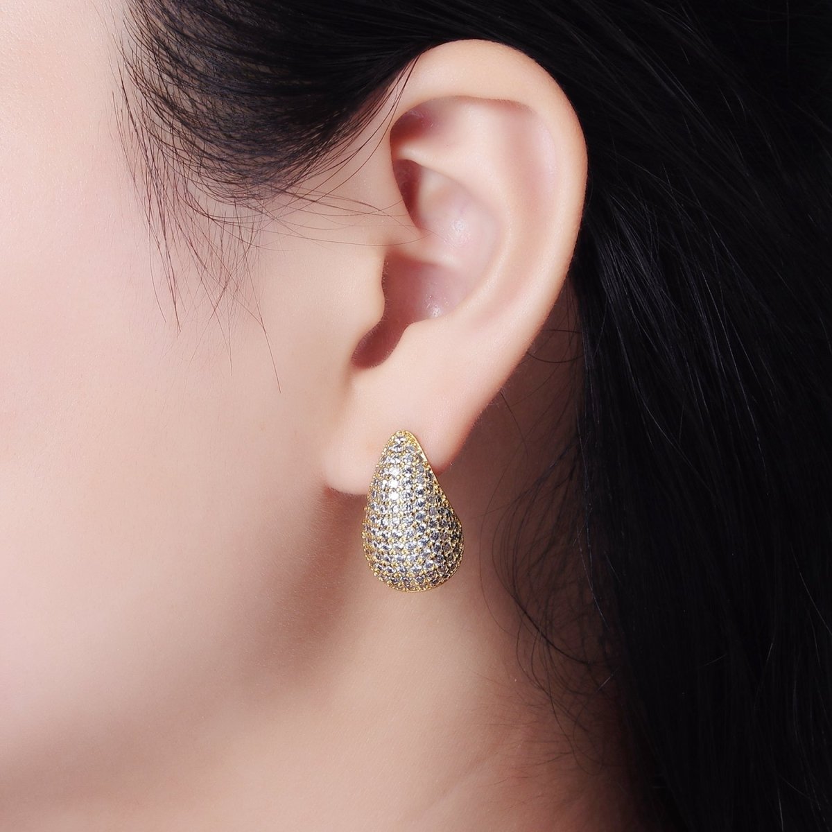 14K Gold Filled Clear, Turquoise, Green Micro Paved CZ Teardrop Dome C-Shaped Stud Earrings in Gold & Silver | AE336 - AE339