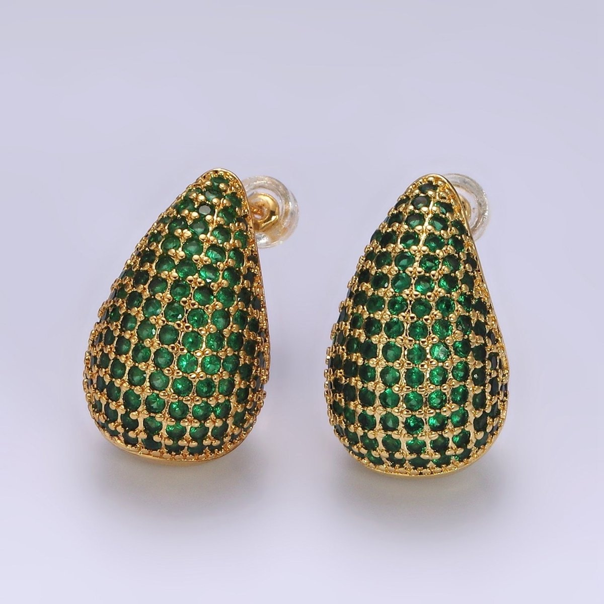 14K Gold Filled Clear, Turquoise, Green Micro Paved CZ Teardrop Dome C-Shaped Stud Earrings in Gold & Silver | AE336 - AE339