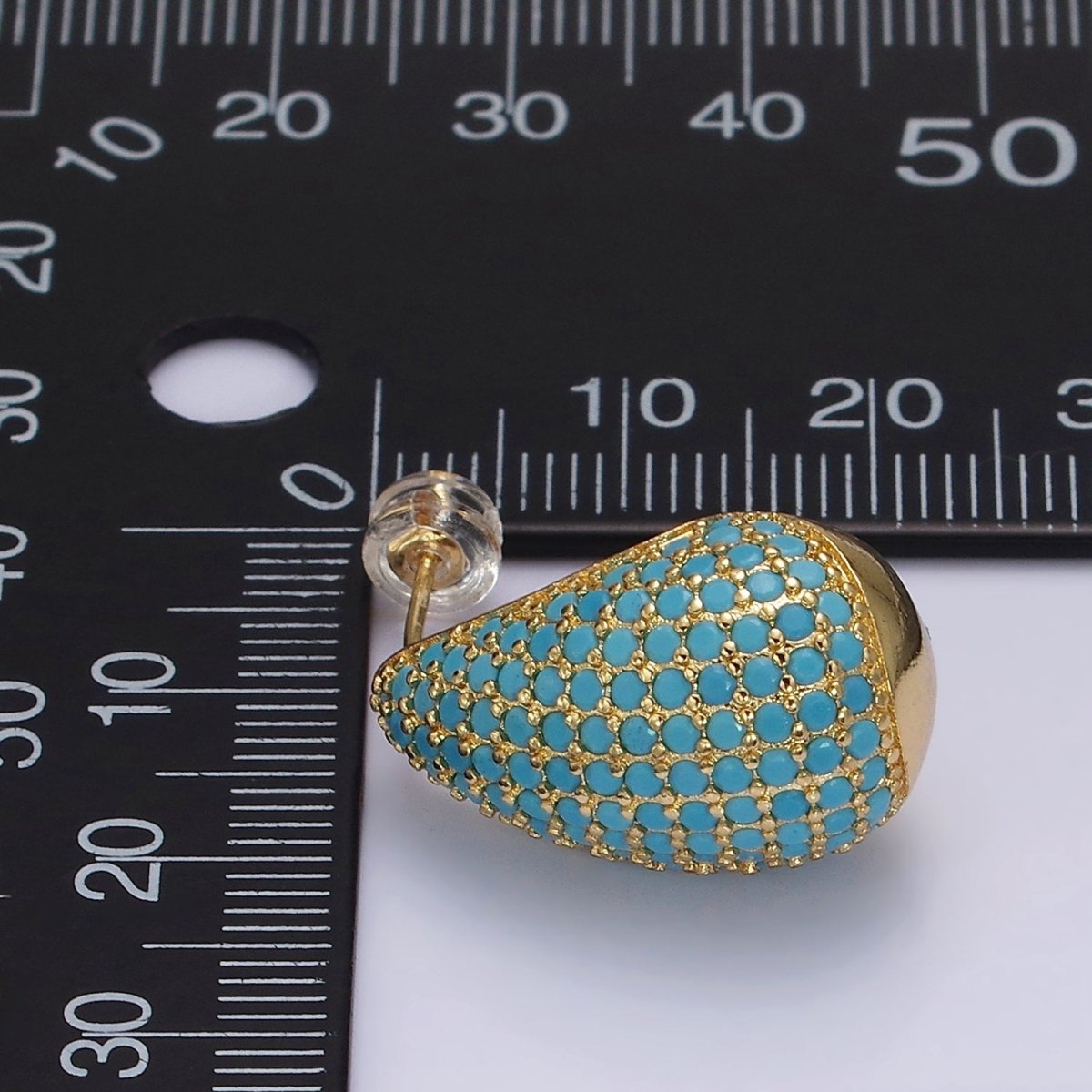 14K Gold Filled Clear, Turquoise, Green Micro Paved CZ Teardrop Dome C-Shaped Stud Earrings in Gold & Silver | AE336 - AE339
