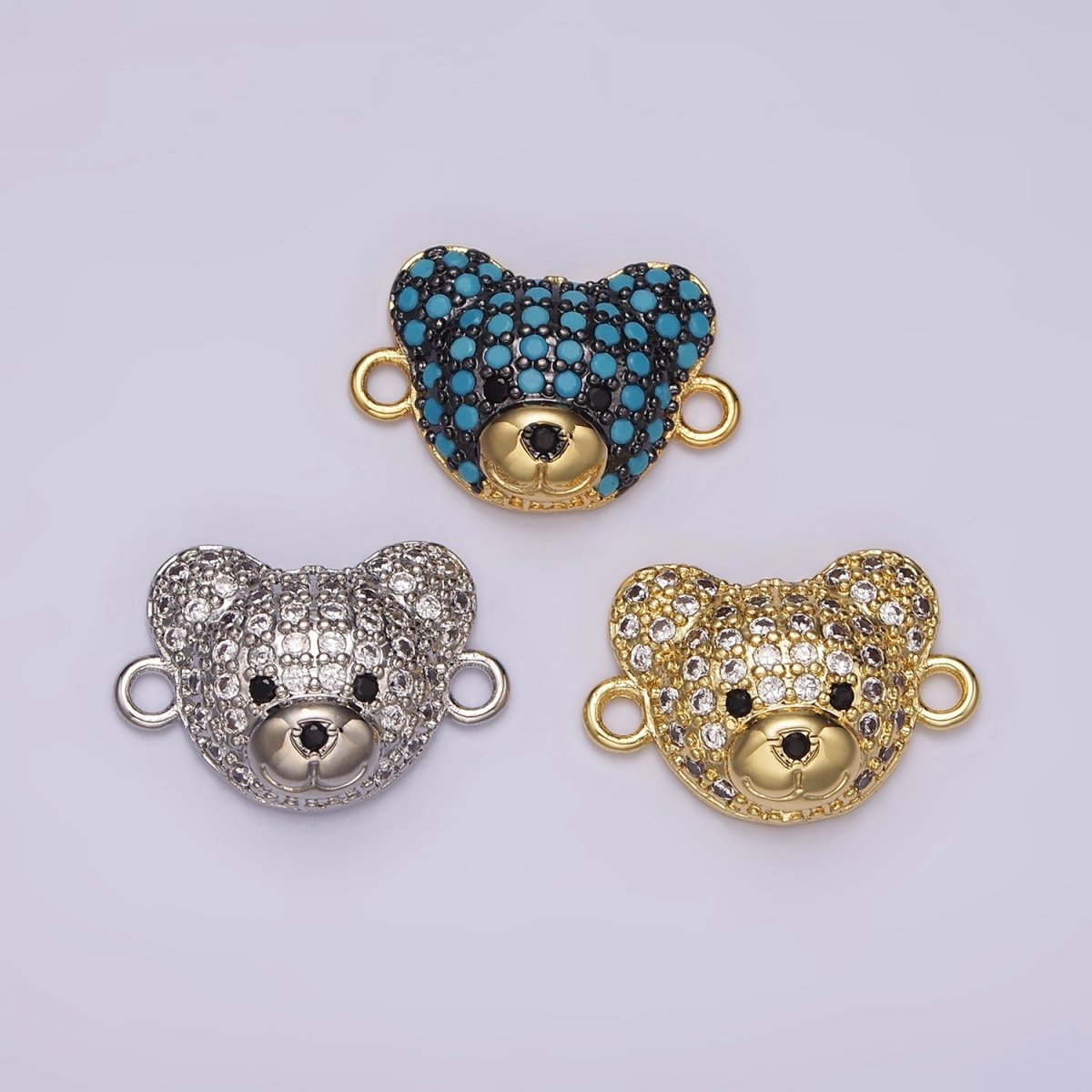 14K Gold Filled Clear, Turquoise Micro Paved CZ Teddy Bear Animal Connector in Gold & Silver | G257 - G258