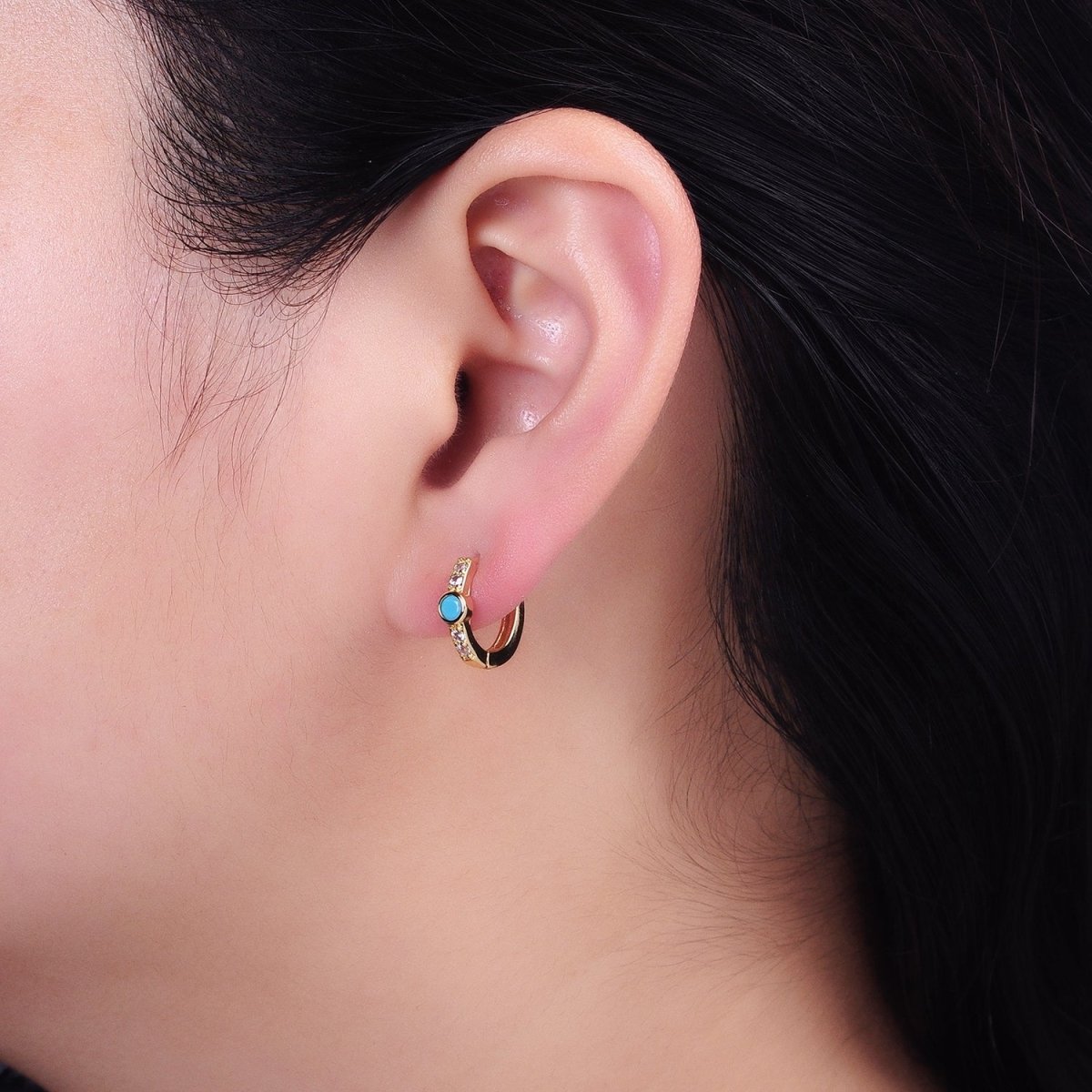 14K Gold Filled Clear, Turquoise Round Micro Paved CZ 13mm Cartilage Huggie Earrings in Gold & Silver | AB904 AB907 AB648 AE774