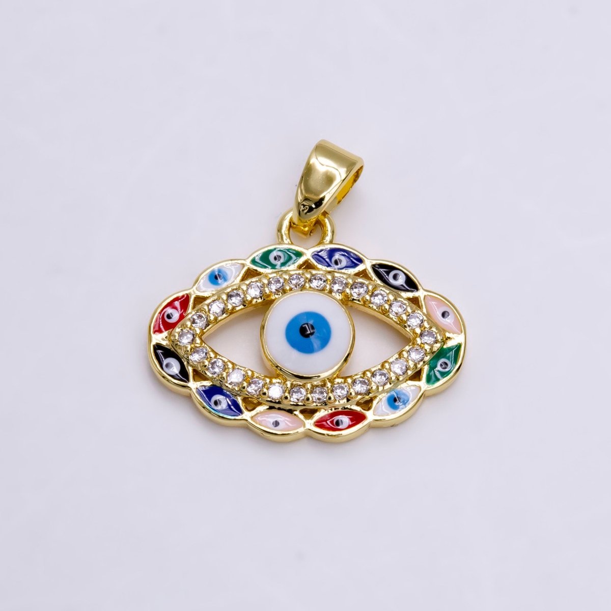 14K Gold Filled Colorful Multi Evil Eye Micro Paved CZ Enamel Lined Open Pendant | N1464 - DLUXCA