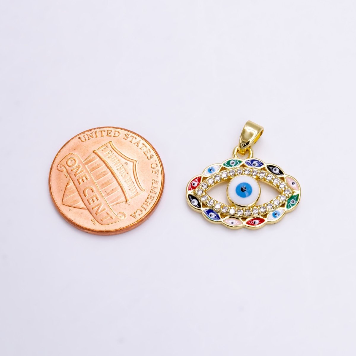 14K Gold Filled Colorful Multi Evil Eye Micro Paved CZ Enamel Lined Open Pendant | N1464 - DLUXCA