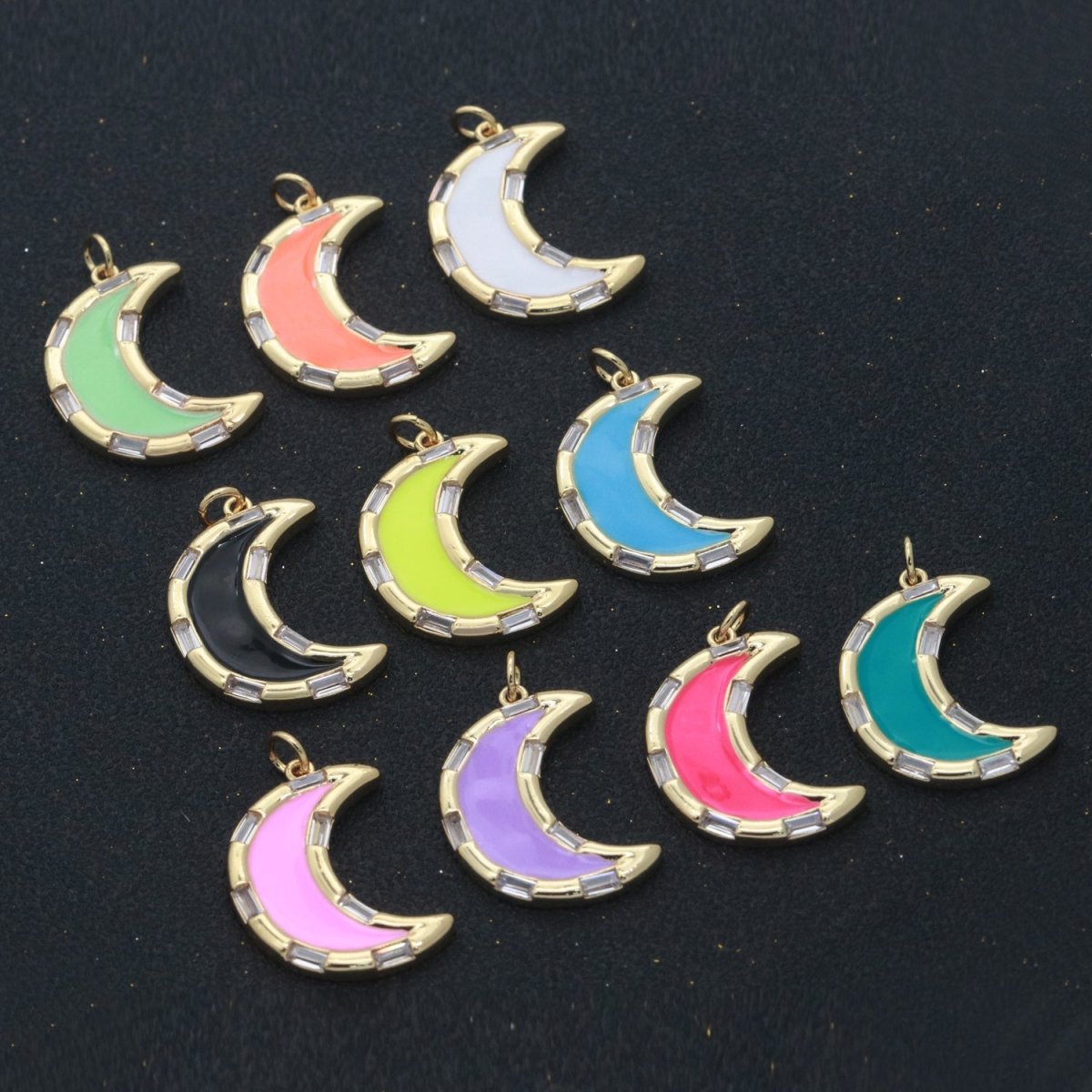 14k Gold Filled Crescent Moon Charm CZ Micro Pave, Enamel Moon Pendant, Celestial Jewelry Cubic Zirconia Charm Bracelet Necklace Earring M-627 - M-636
